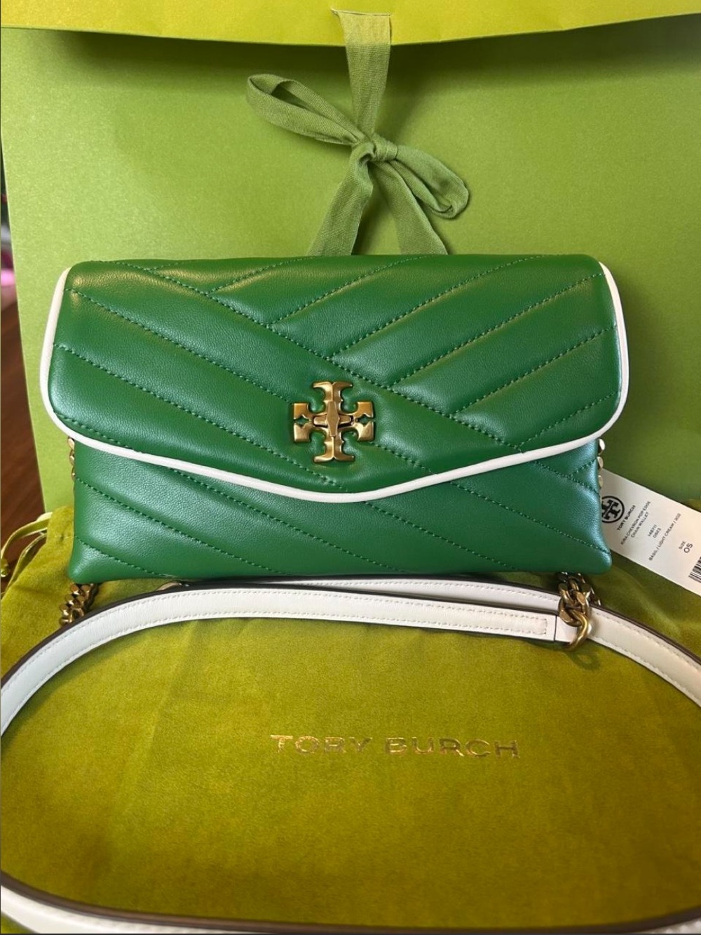 Tory Burch Green and Light Cream Kira Chevron Chain Wallet